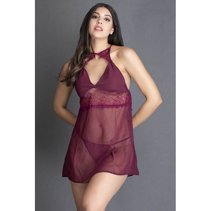 

Clovia Sheer Bridal Babydoll with Thong in Maroon - Georgette, Lace - NS1299P15, Purple