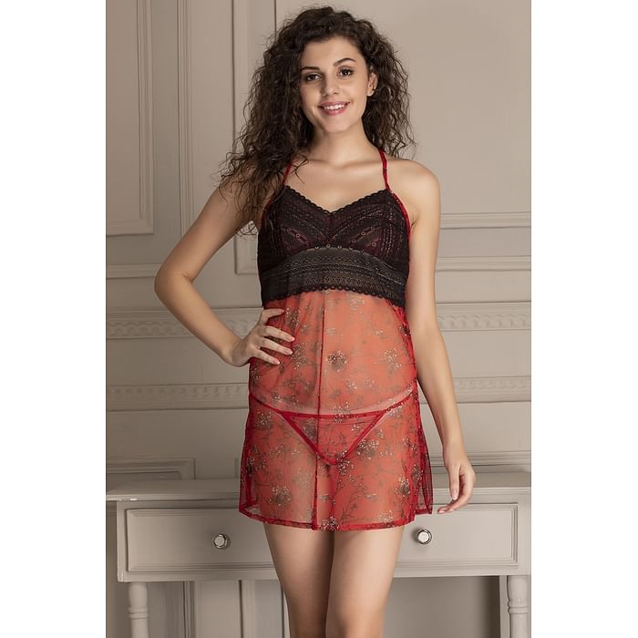 

Clovia Sheer Printed Bridal Babydoll with Matching Thong in Red - Lace - NS1306P04