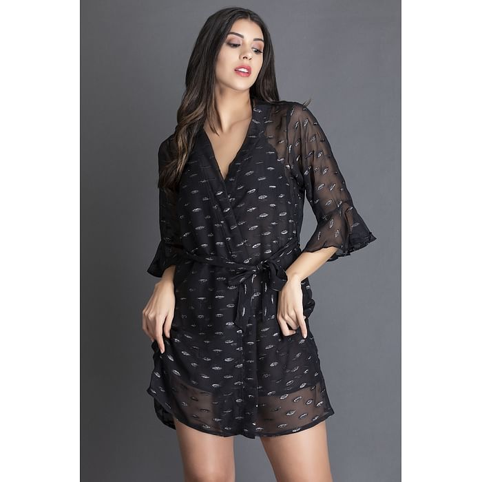 

Clovia Sheer Printed Robe in Black - Georgette - NS1371P13