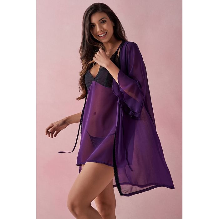 

Clovia Sheer Robe in Dark Purple - Georgette & Lace - NS1291P15