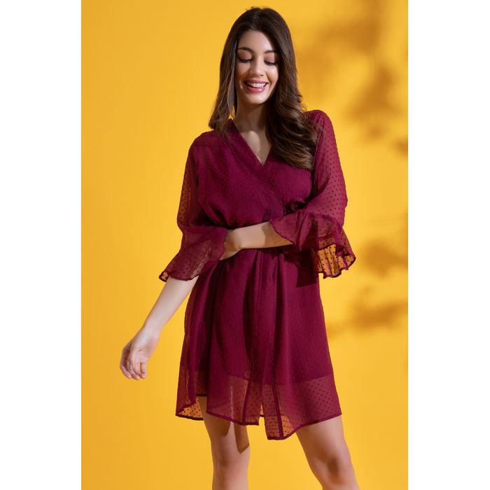 

Clovia Sheer Robe in Maroon - Georgette - NS1371P09