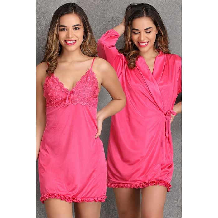

Clovia Short Bridal Night Dress with Robe in Pink - Satin & Lace - NS1278P22, Light pink
