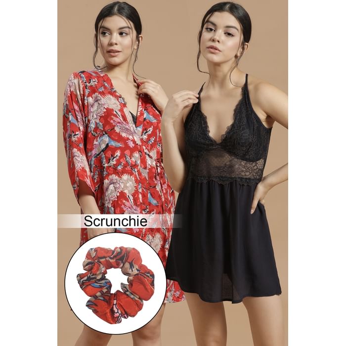 

Clovia Short Night Dress with Floral Print Robe in Blue & Red- Crepe - NS1316P04