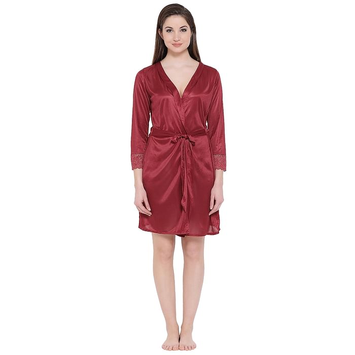 

Clovia Satin Short Robe - NSM484B09, Maroon