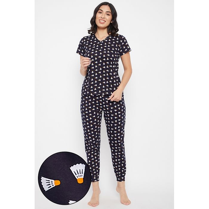 

Clovia Shuttlecock Print Top & Jogger Set in Navy - 100% Cotton - LS0521A08