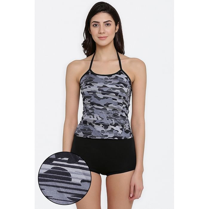 

Clovia Printed Halter Neck Swim Top & High Waist Boy Shorts in Black - SM0099P13