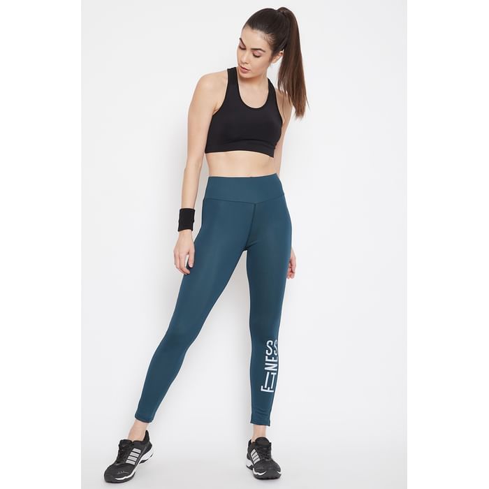 

Clovia Snug Fit Active Ankle-Length Text Print Tights in Teal - AB0066P17, Dark green