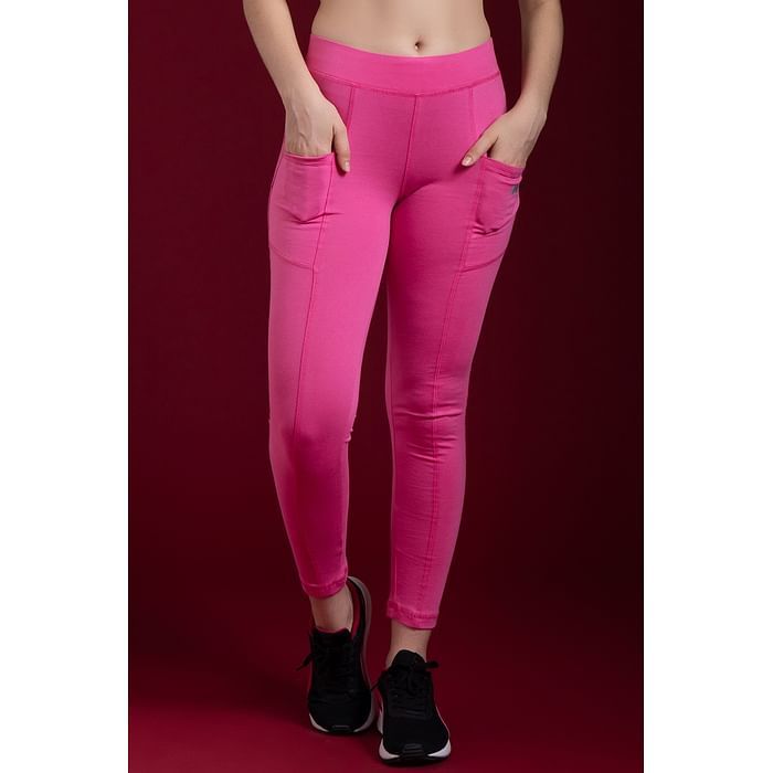 

Clovia Snug Fit Low Rise Active Tights in Hot Pink with Insert Pockets - AB0059P22, Light pink