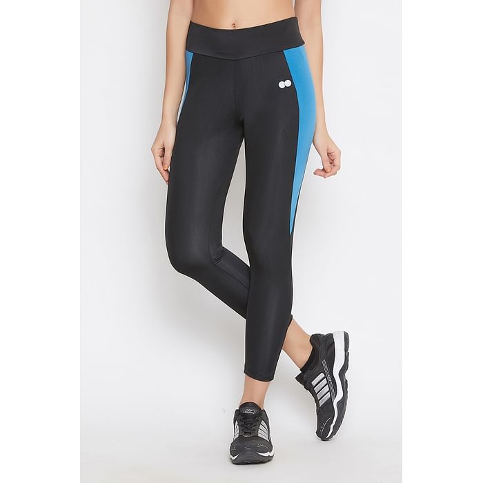 

Clovia Snug Fit Active Ankle-Length Colourblock Tights in Black - AB0042A13