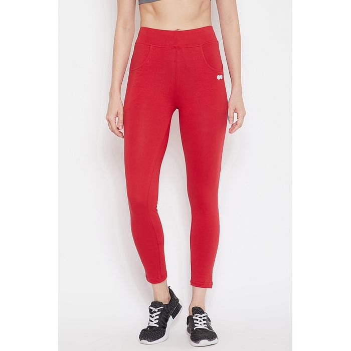 

Clovia Snug Fit Active Ankle-Length Tights in Red - Cotton Rich - AB0059P09, Maroon
