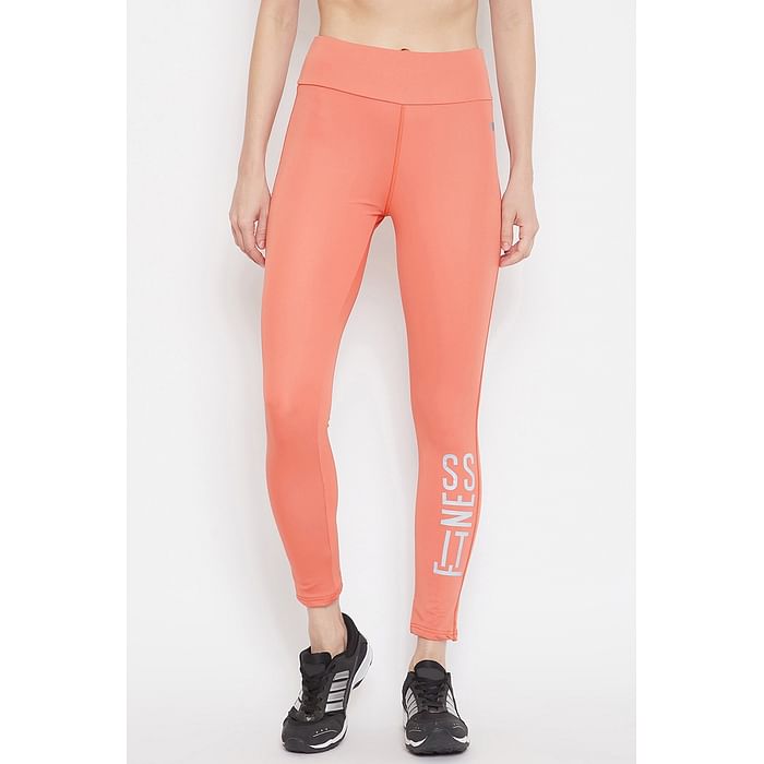 

Clovia Snug Fit Active Text-Print Ankle-Length Tights in Coral Orange - AB0066A22, Light pink