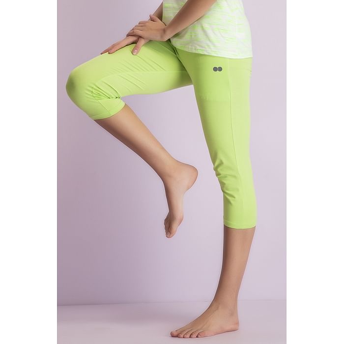 

Clovia Snug Fit Active Capri in Lime Green - Cotton Rich - AB0064P11, Light green