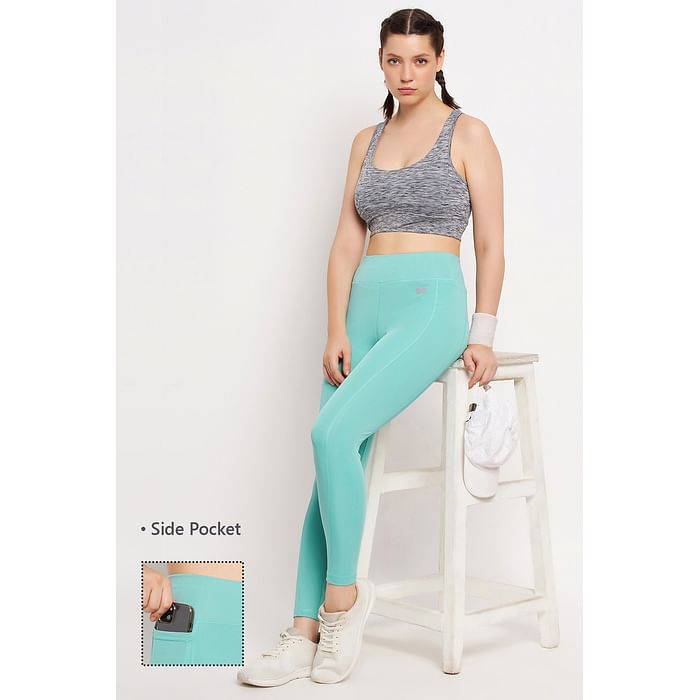 

Clovia High Rise Printed Active Tights in Mint Green with Side Pocket - AB0042D03, Light blue