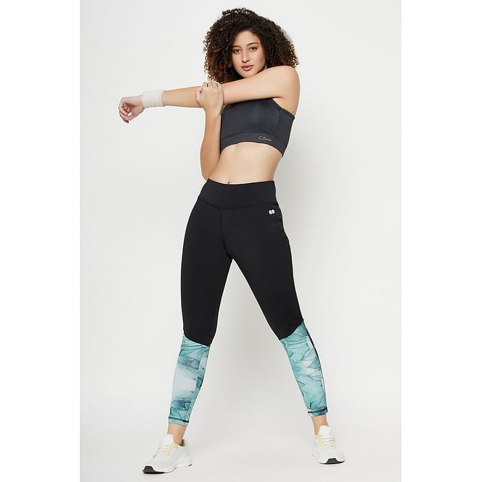 

Clovia Snug Fit Active Marble Print Ankle-Length Tights in Black - AB0022A08, Navy