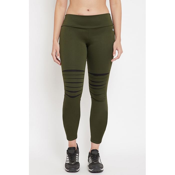 

Clovia Snug Fit Active Ripped Tights in Olive Green - AB0045P17, Dark green