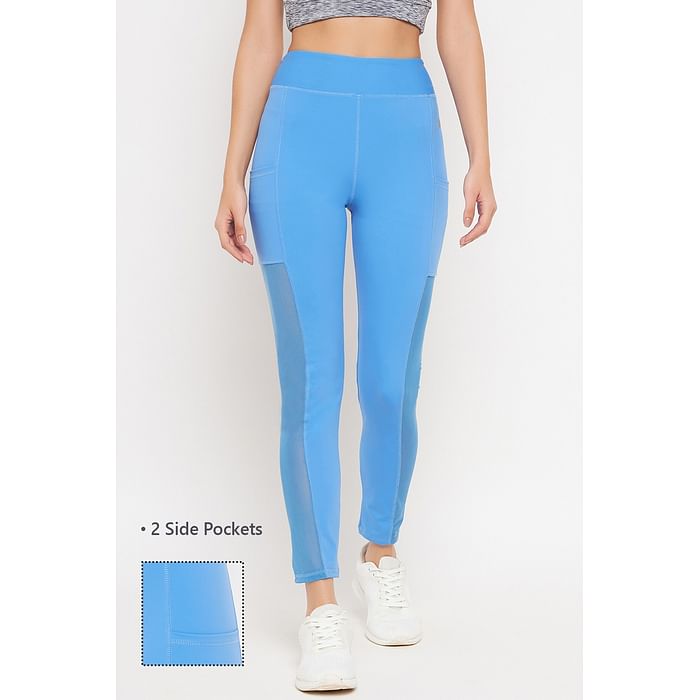 

Clovia Ankle-Length High-Rise Active Tights in Blue with Powernet Panels & Side Pockets - AB0043A08, Navy