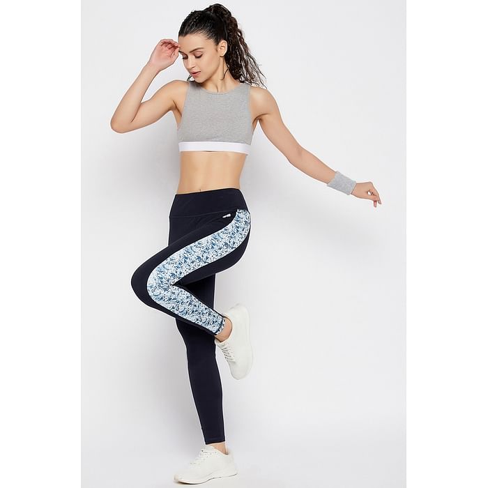 

Clovia Snug Fit Ankle-Length High-Rise Active Tights in Navy with Printed Panels - AB0043P08