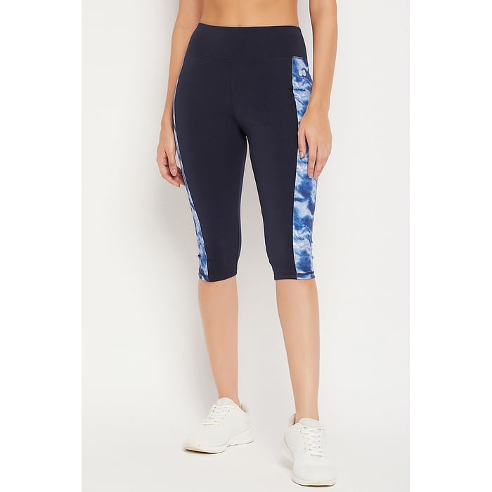

Clovia Snug Fit High-Rise Active Capri in Navy with Printed Panels - AB0093A08