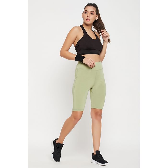 

Clovia Snug Fit High-Rise Active Shorts in Sage Green - AB0055A11, Light green