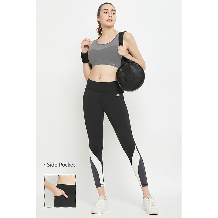 

Clovia High Rise Active Tights in Black with Contrast Panels & Side Pocket - AB0106P13