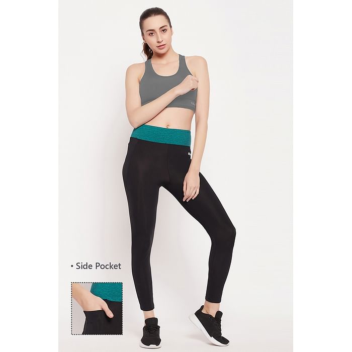 

Clovia High Rise Active Tights in Black with Contrast Waistband & Side Pocket - AB0020G13