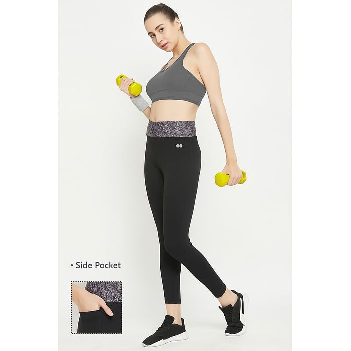 

Clovia High Rise Active Tights in Black with Printed Waistband with Side Pocket - AB0020E13