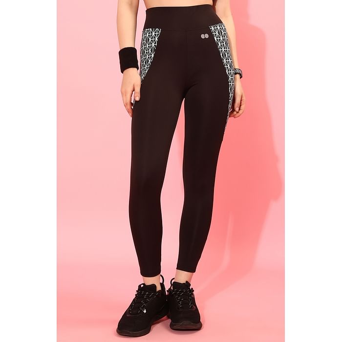 

Clovia Snug Fit High-Rise Active Tights in Black with Printed Panels - AB0042M13