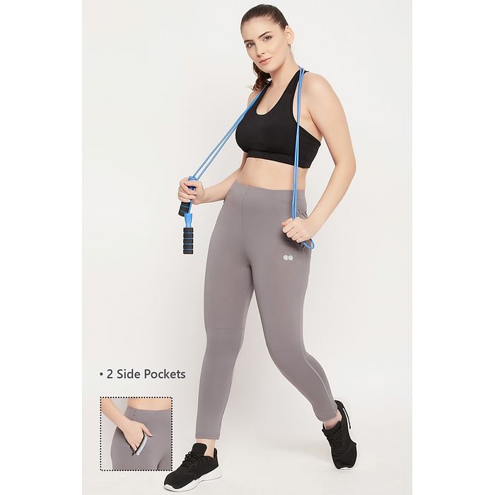 

Clovia High Rise Active Tights in Grey with Side Pockets - AB0111P05, Dark grey