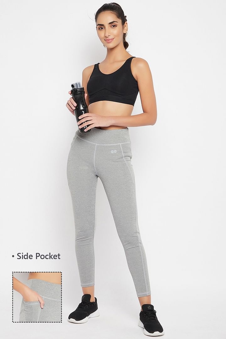 Buy High-Rise Active Tights in Grey Melange with Side Pocket