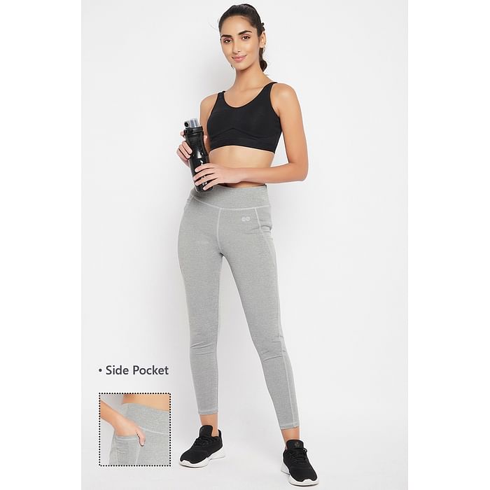 

Clovia High-Rise Active Tights in Grey Melange with Side Pocket - AB0100A01, Light grey