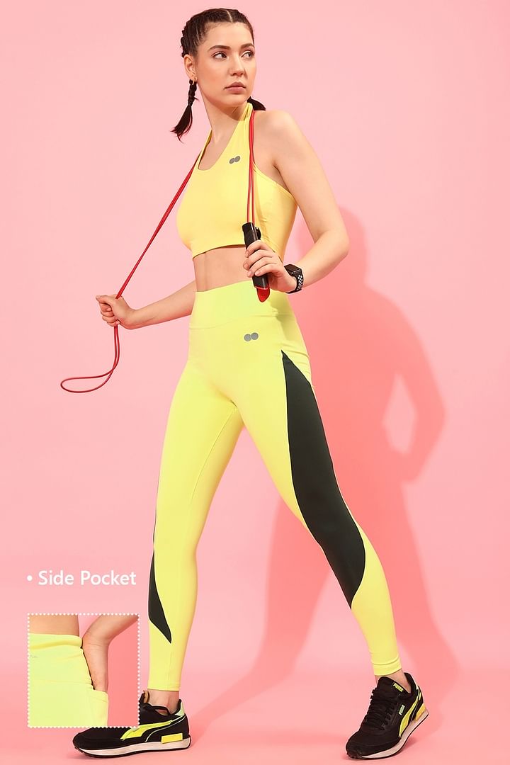 Buy High Rise Active Tights in Lemon Yellow with Contrast Panels & Side  Pocket Online India, Best Prices, COD - Clovia - AB0105P02