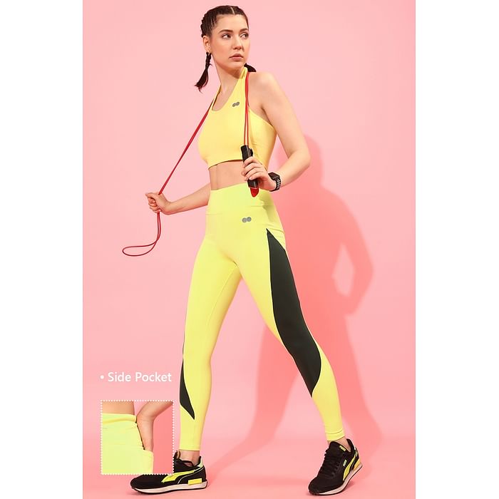 

Clovia High Rise Active Tights in Lemon Yellow with Contrast Panels & Side Pocket - AB0105P02, Light yellow