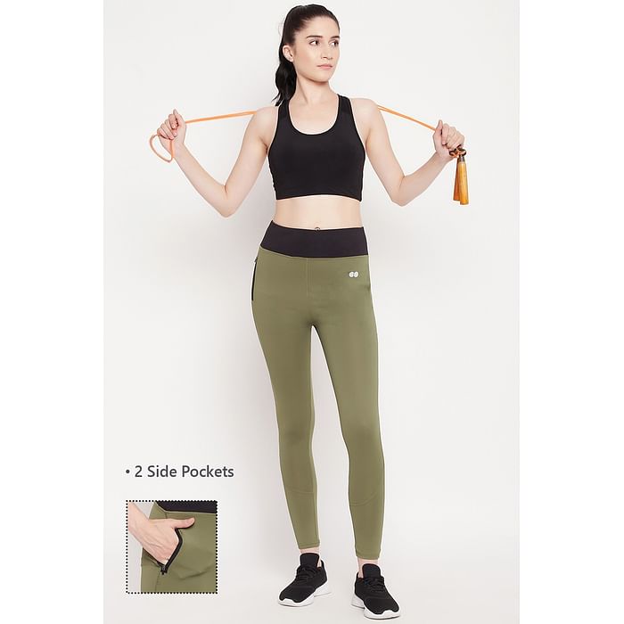 

Clovia High Rise Active Tights in Olive Green with Side Pockets - AB0107P17, Dark green