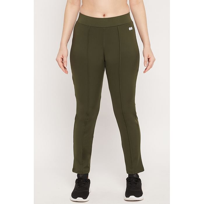 

Clovia Snug Fit High-Rise Active Straight Pants in Olive Green - AB0051P17, Dark green