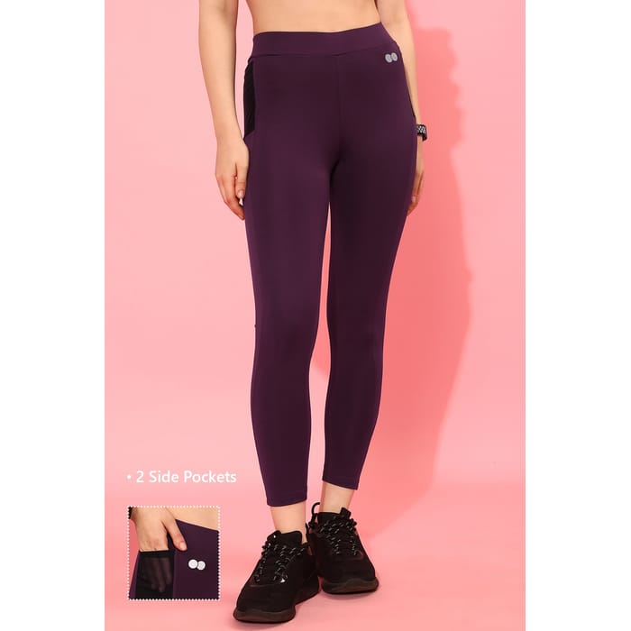 

Clovia High-Rise Active Tights in Plum Colour with Side Pockets - AB0098P15, Purple