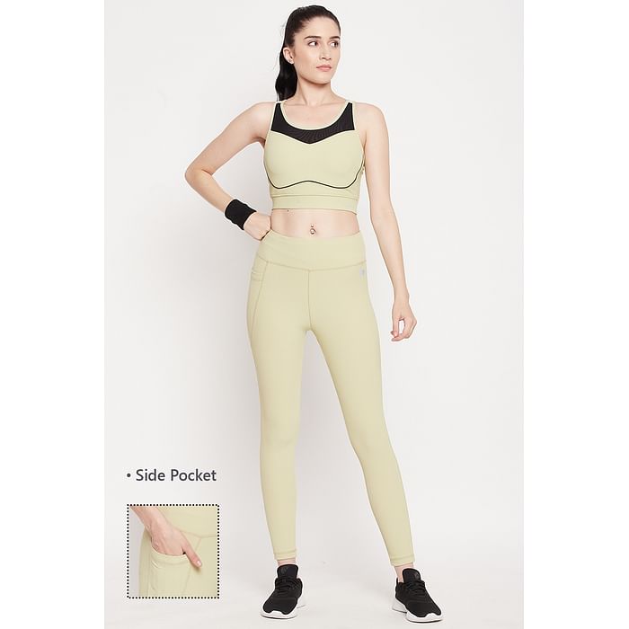 

Clovia High Rise Active Tights in Sage Green with Side Pocket - AB0042D11, Light green