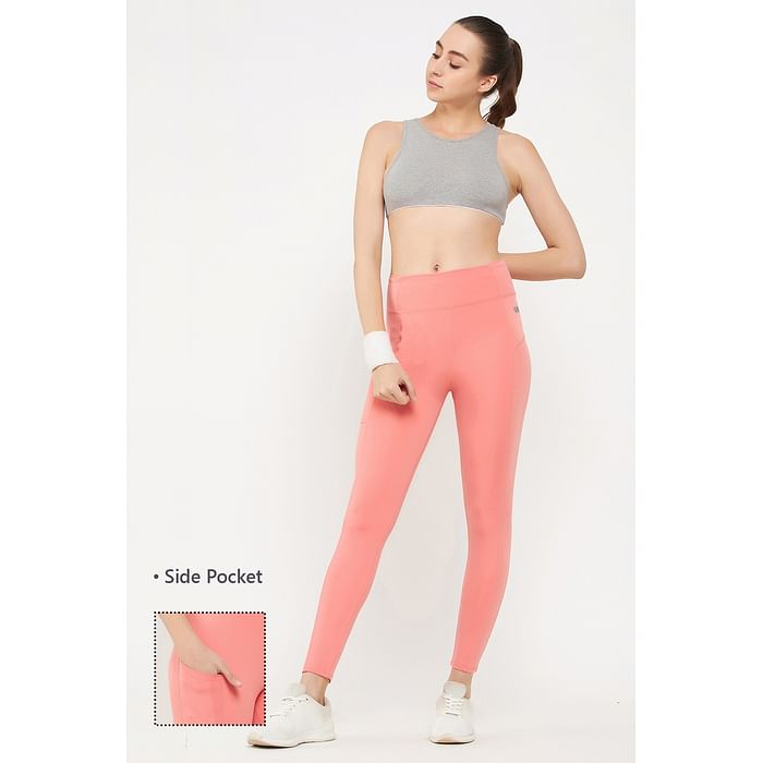 

Clovia High-Rise Active Tights in Salmon Pink with Side Pocket - AB0100P22, Light pink