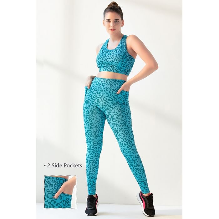 

Clovia High-Rise Animal Print Active Tights in Teal Blue with Side Pockets - AB0101A36