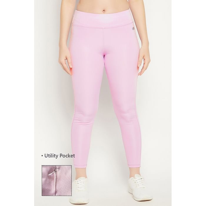 

Clovia Snug Fit High-Rise Ankle Length Active Tights in Lilac with Side Pockets - AB0099A12, Lavender