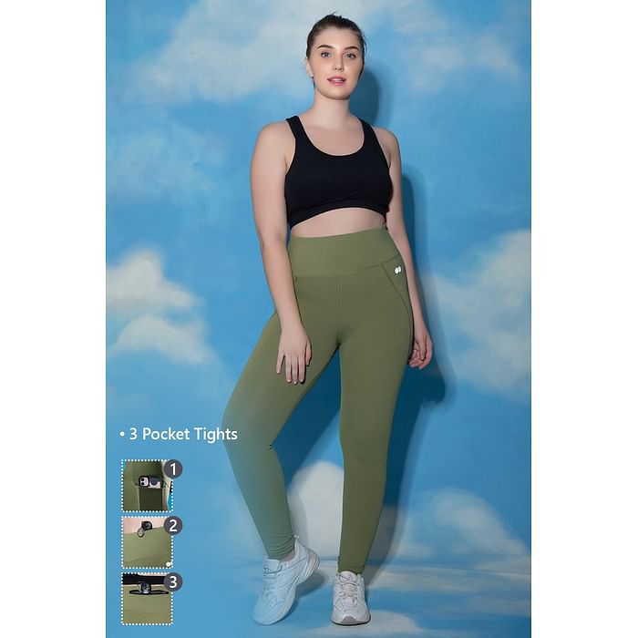 

Clovia Feather Feel High-Rise 3 Pocket Tights in Olive Green - AB0091P11, Light green