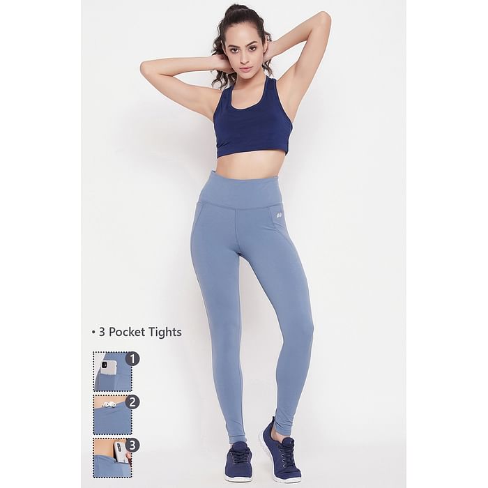 

Clovia High Rise Ankle-Length 3 Pocket Active Tights in Powder Blue - AB0091P03, Light blue