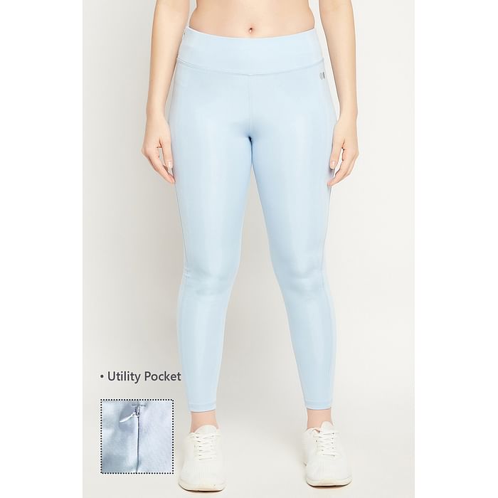 

Clovia Snug Fit High-Rise Ankle Length Active Tights in Sky Blue with Key Pocket - AB0099A03, Light blue