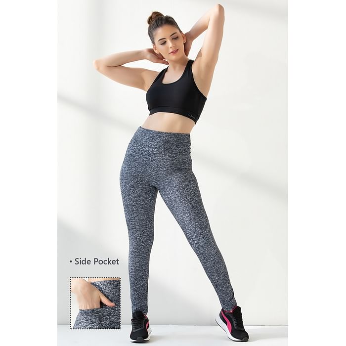 

Clovia High-Rise Full-Length Active Tights in Grey Melange with Side Pocket - AB0100A05, Dark grey