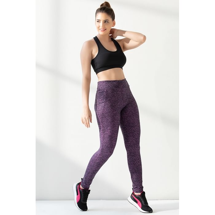 

Clovia High-Rise Full Length Active Tights in Magenta Melange with Side Pocket - AB0100A14, Pink