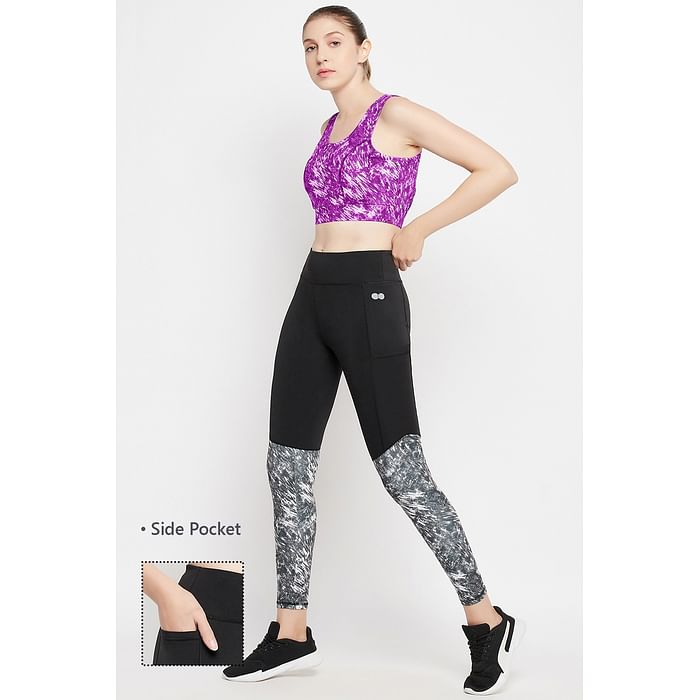 

Clovia High-Rise Printed Active Tights in Black with Side Pocket - AB0022D13