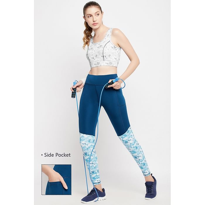 

Clovia High-Rise Printed Active Tights in Teal Blue with Side Pocket - AB0022P36