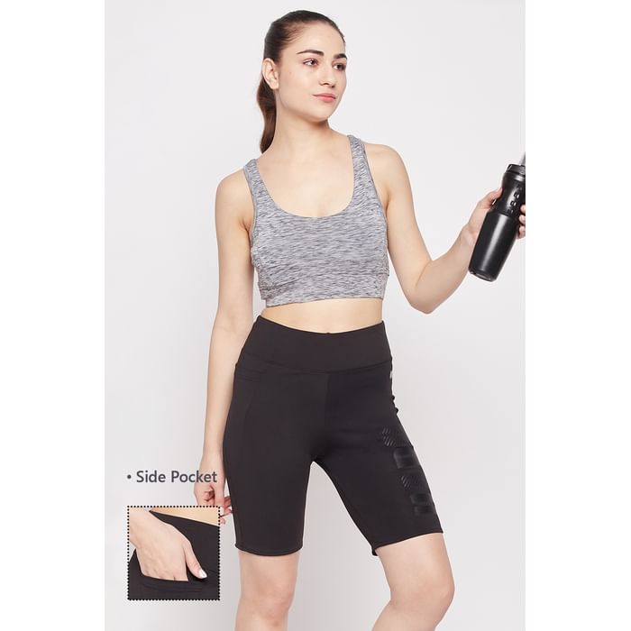 

Clovia Snug Fit High-Rise Active Shorts in Black with Side Pocket - AB0055A13