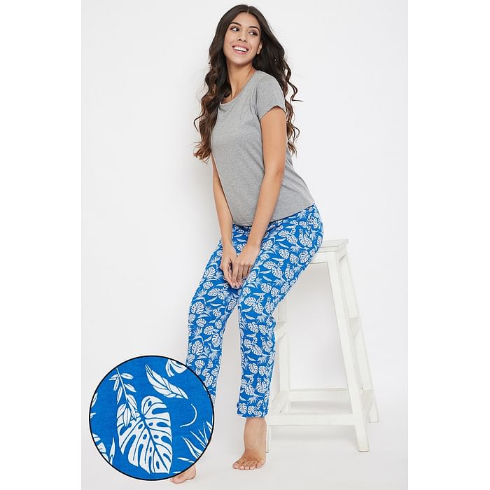 

Clovia Solid Top & Leaf Print Pyjama in Grey & Blue- Cotton Rich - LSC176Y08, Navy
