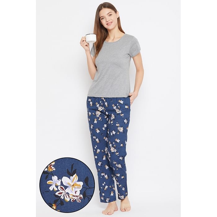 

Clovia Solid Top & Pretty Florals Pyjama in Grey & Blue - Cotton Rich - LSC179D08