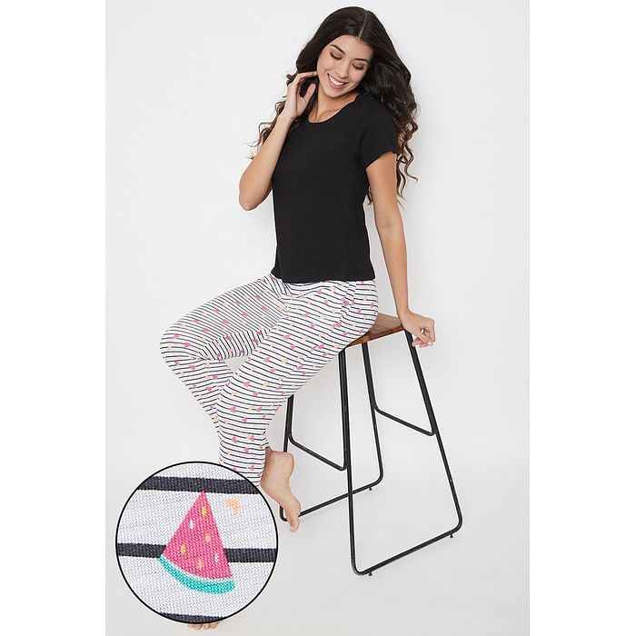 

Clovia Solid Top & Watermelon Print Pyjama in Black & White - Cotton Rich - LSC176G19, Multicolour